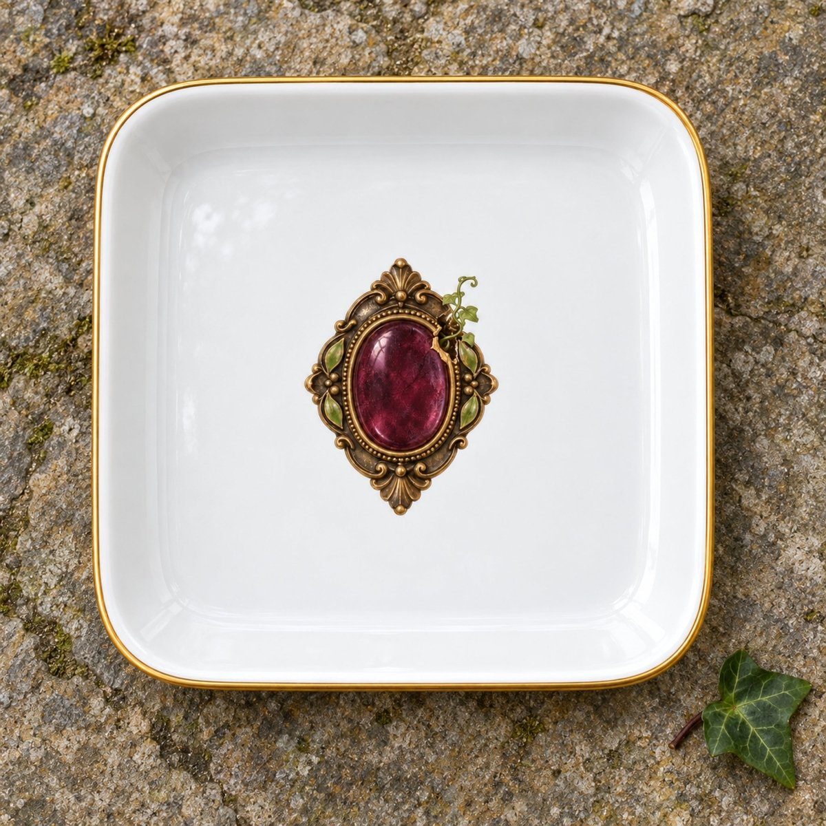 Beautiful Remnants Jewelry Tray: a square white ceramic tray with a gold rim featuring an ornate brooch with a deep red stone in the center.