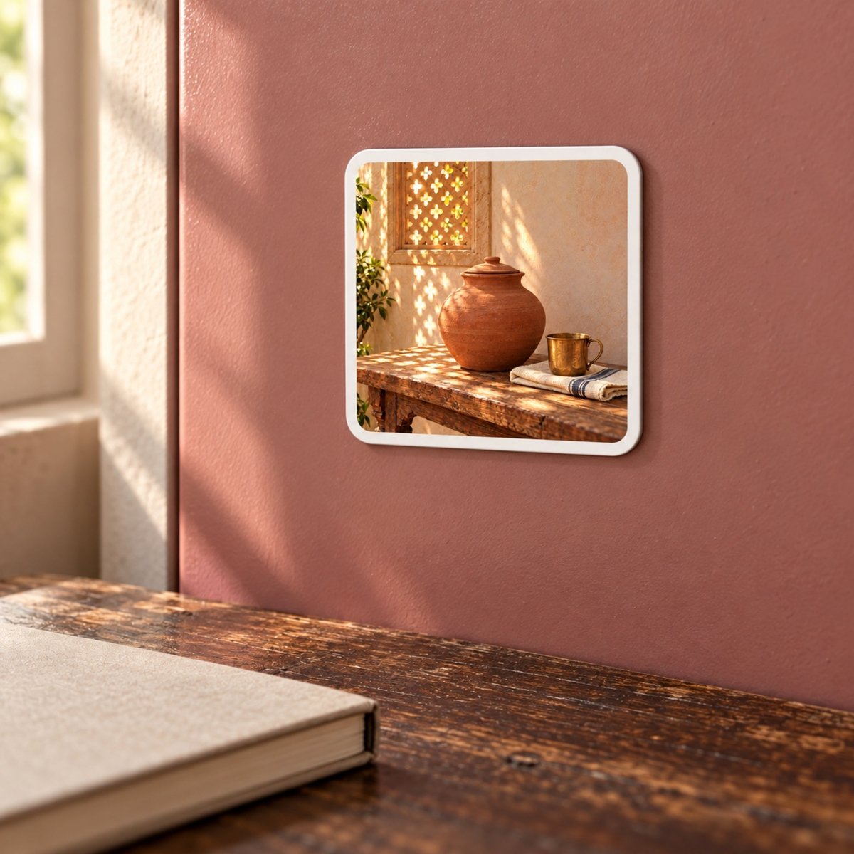 Water Kept Cool Magnet | Sand & Saffron square decorative hardboard magnet featuring an earthenware vessel and a metal cup on a rustic wooden table.