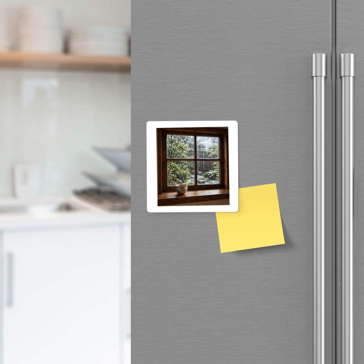 A square After the Rain Decorative Magnet | Cedar & Ink featuring a view through a window, attached to a stainless steel refrigerator next to a blank yellow sticky note.
