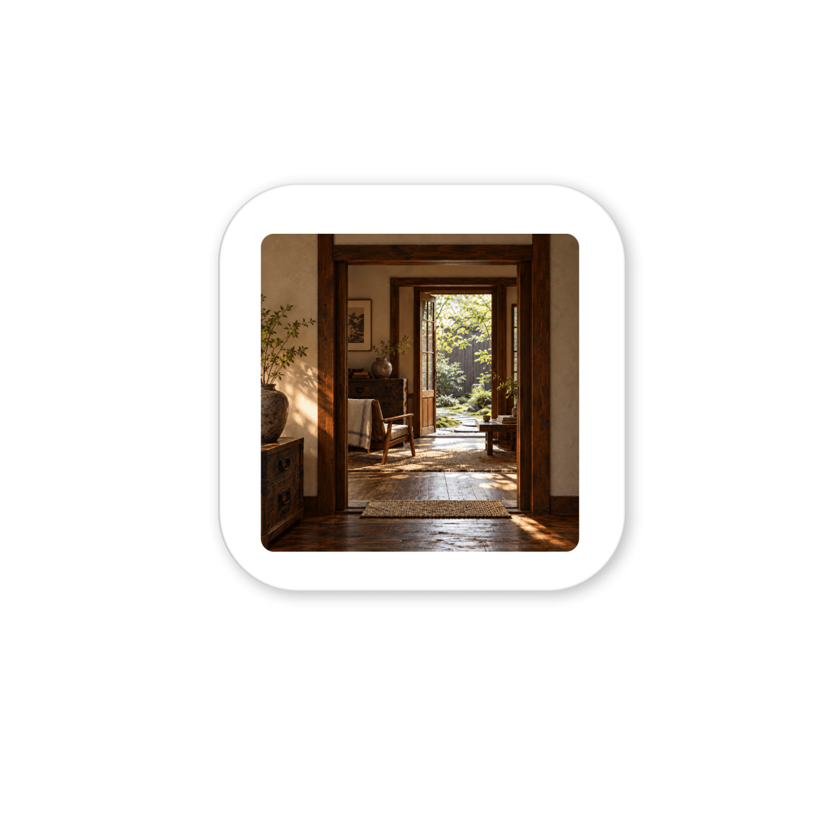 Between Rooms Decorative Magnet featuring a square photograph of a sunlit Japanese interior, looking through two rustic rooms toward a garden.