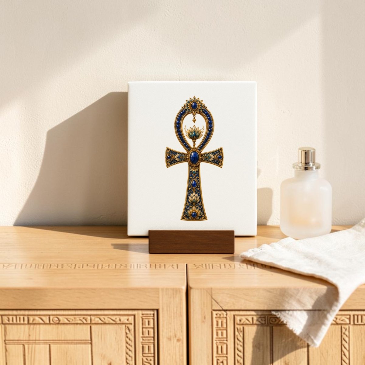 A Jeweled Ankh Mini Sign by Mirabilia Boutique, featuring ornate lapis and gold detailing on a small canvas, stands on a wooden cabinet beside a clear glass bottle and a folded white towel, all illuminated by natural sunlight to bring an Egyptian-inspired accent to the tranquil decor.