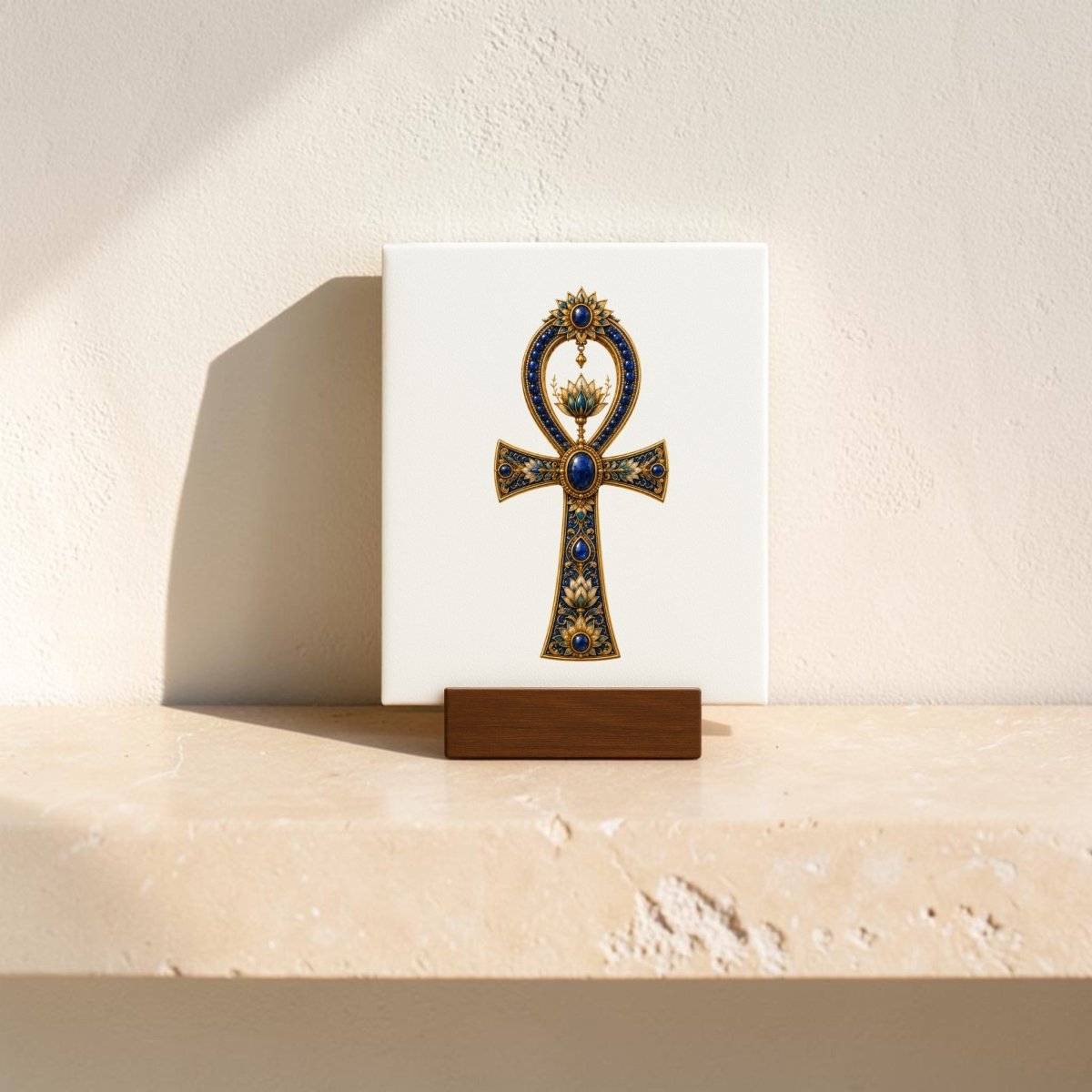 The Jeweled Ankh Mini Sign by Mirabilia Boutique features an ornate Ancient Egyptian design, adorned with lapis and gold accents, and is displayed on a wooden holder atop a light stone surface against a cream-colored wall—perfect for adding an elegant touch of Egyptian-inspired decor to any space.