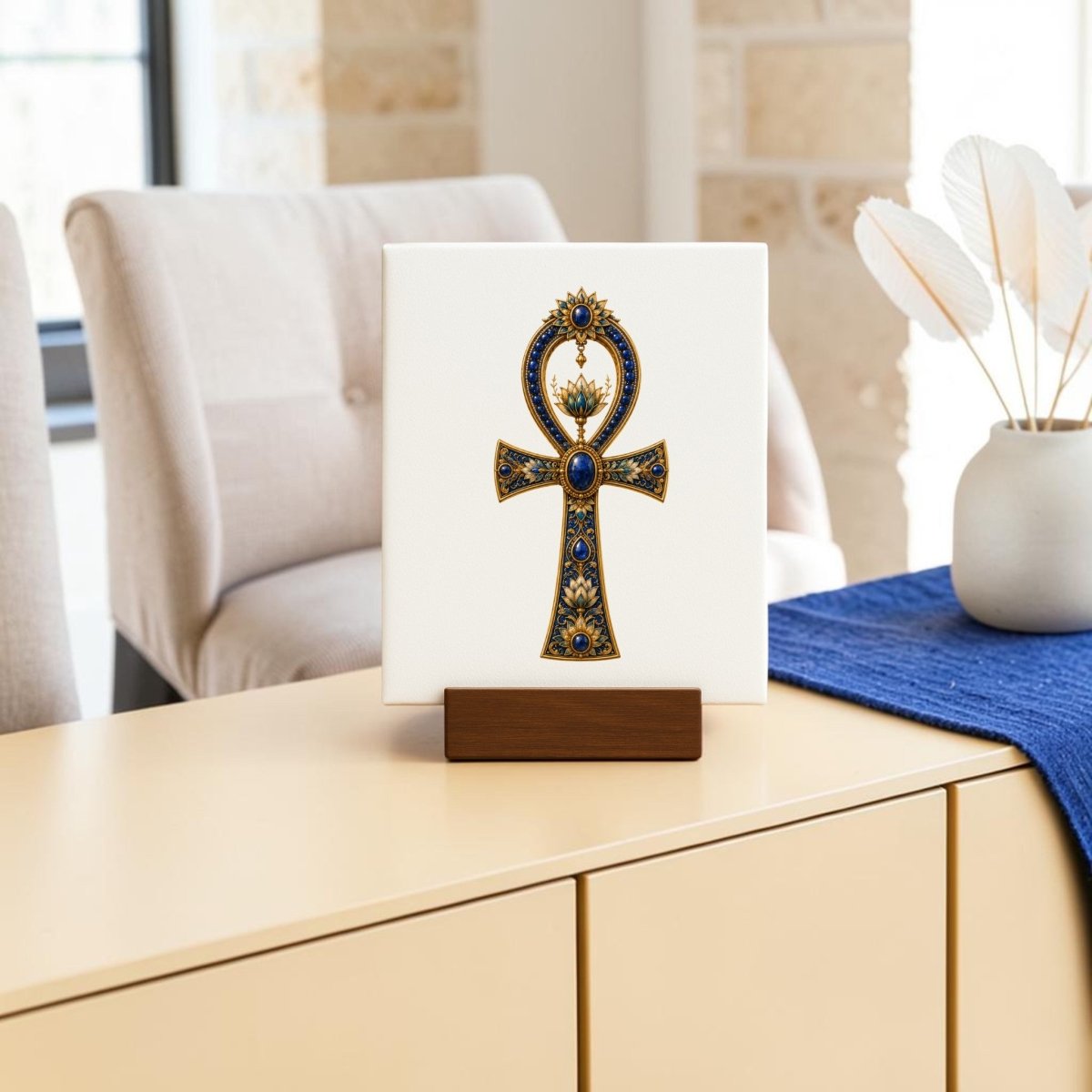 A Jeweled Ankh Mini Sign from Mirabilia Boutique, inspired by ancient Egyptian décor with lapis and gold accents, is displayed on a wooden stand atop a beige table adorned with a blue runner. Next to it sits a vase filled with white decorative leaves, while two upholstered chairs in the background complete the elegant arrangement.