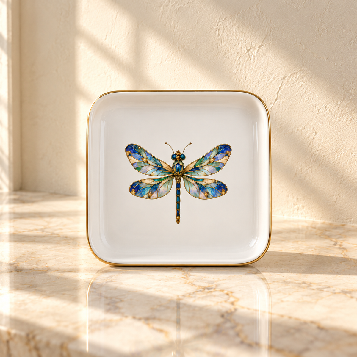 A square white Jeweled Dragonfly Jewelry Tray from Mirabilia Boutique, accented with a gold rim and designed as a decorative piece, showcases a vibrant, detailed dragonfly illustration at its center—evoking the artistry of Gilded Reverie—displayed on a marble surface where sunlight casts gentle shadows.