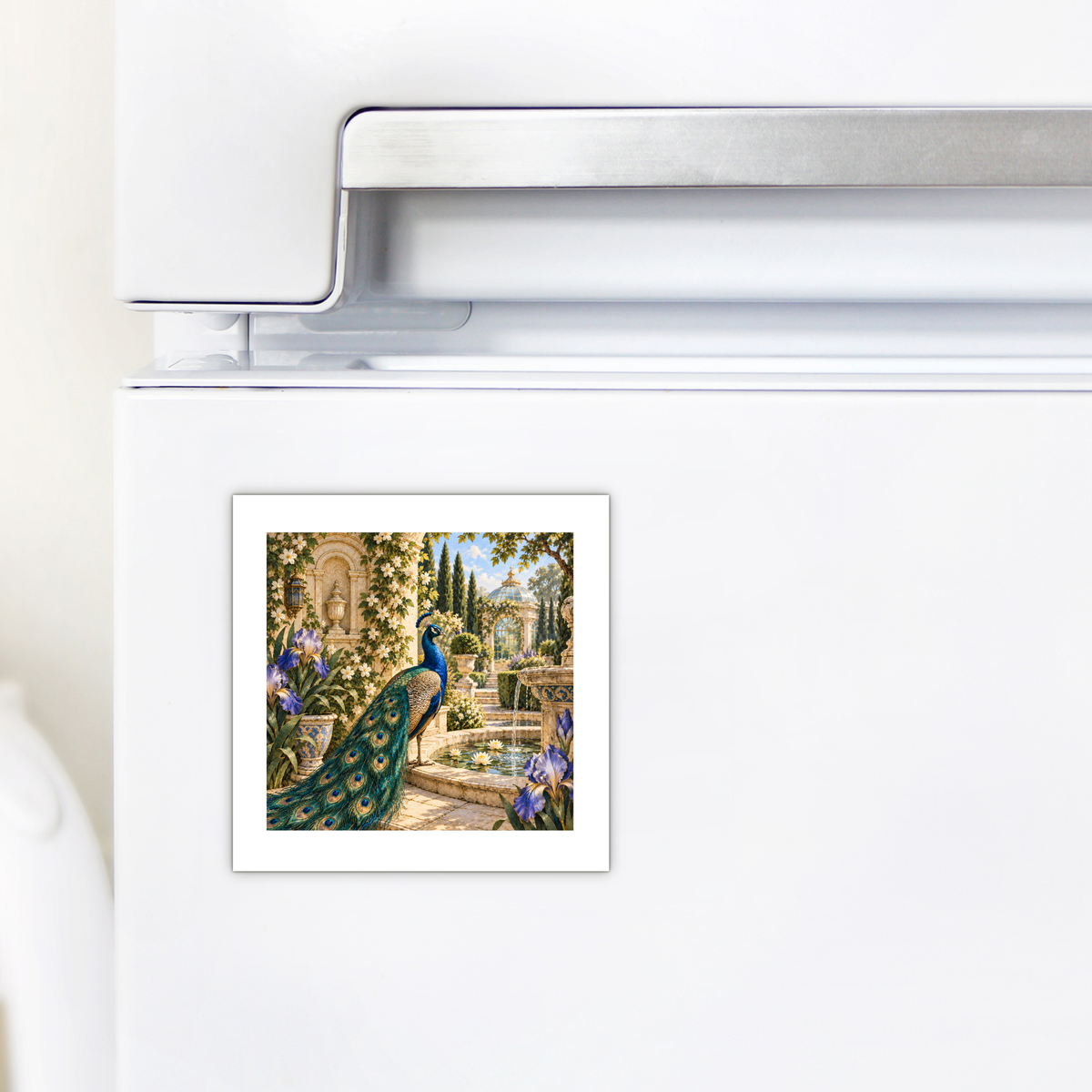 The “Afternoon in the Peacock Garden Magnet | Gilded Reverie” by Mirabilia Boutique is displayed on a white refrigerator door near the freezer handle, showcasing its vibrant peacock and garden scene to add a touch of miniature artwork to your kitchen décor.