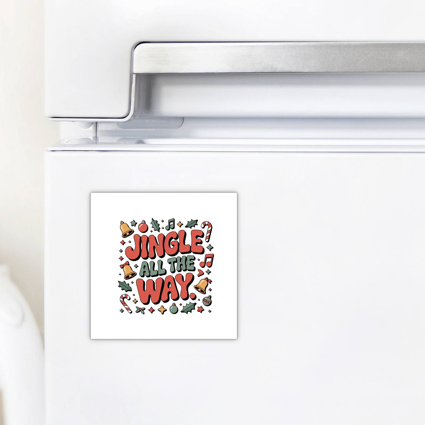 The Mirabilia Boutique Jingle All the Way Magnet is a cute Christmas fridge decor gift with colorful holiday designs, perfect as a festive stocking stuffer.