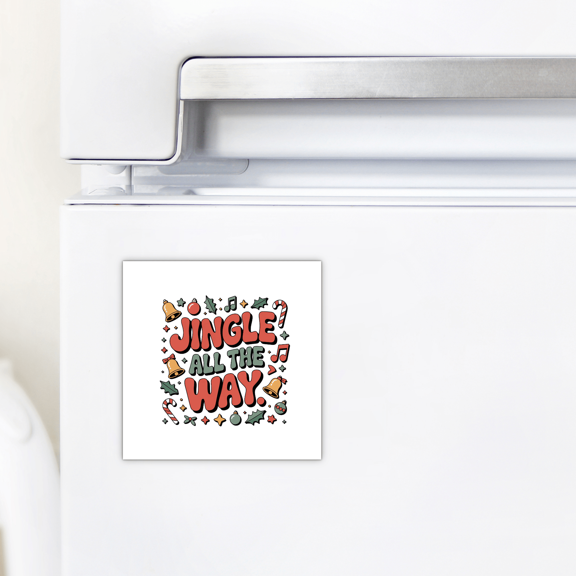 The Mirabilia Boutique Jingle All the Way Magnet is a cute Christmas fridge decor gift with colorful holiday designs, perfect as a festive stocking stuffer.