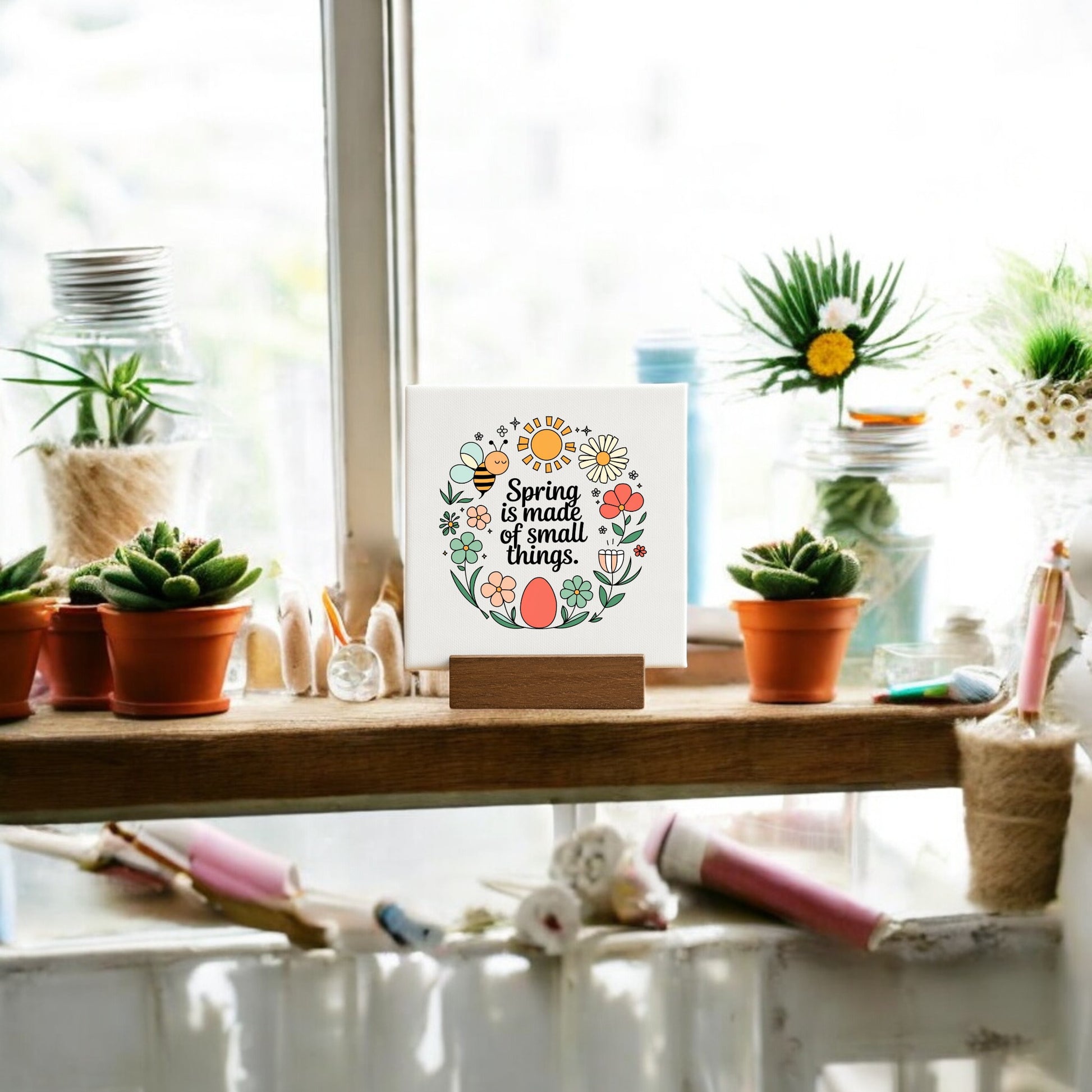 The Spring Is Made of Small Things Mini Canvas Sign by Mirabilia Boutique sits on a wooden stand, surrounded by potted succulents, hand-drawn spring wreath decor, gardening tools, and jars on a sunlit windowsill.