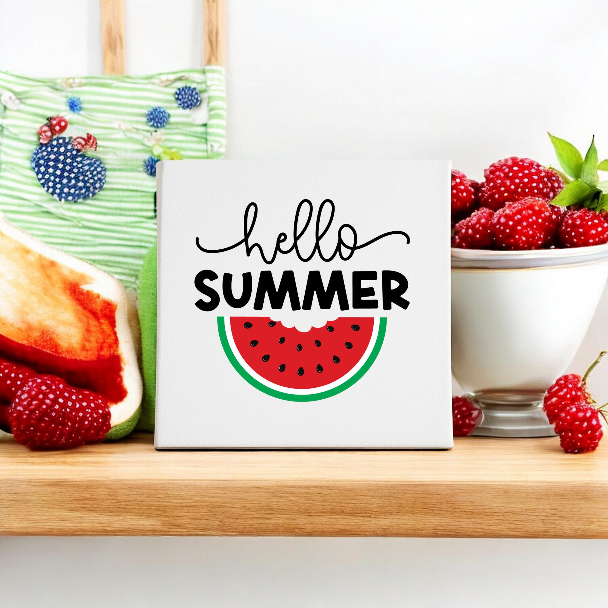 The Mirabilia Boutique Hello Summer Watermelon Canvas Sign (8x8) features vibrant fruit art and playful watermelon decor—perfect cheerful wall art for summer.