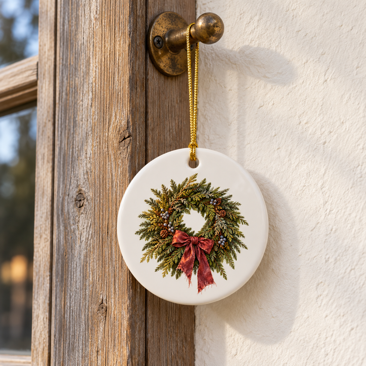 Round white ceramic The Harbor Door Wreath Ornament featuring a printed wreath of evergreen branches, pinecones, and a red ribbon, hanging by a gold cord from a metal hook.