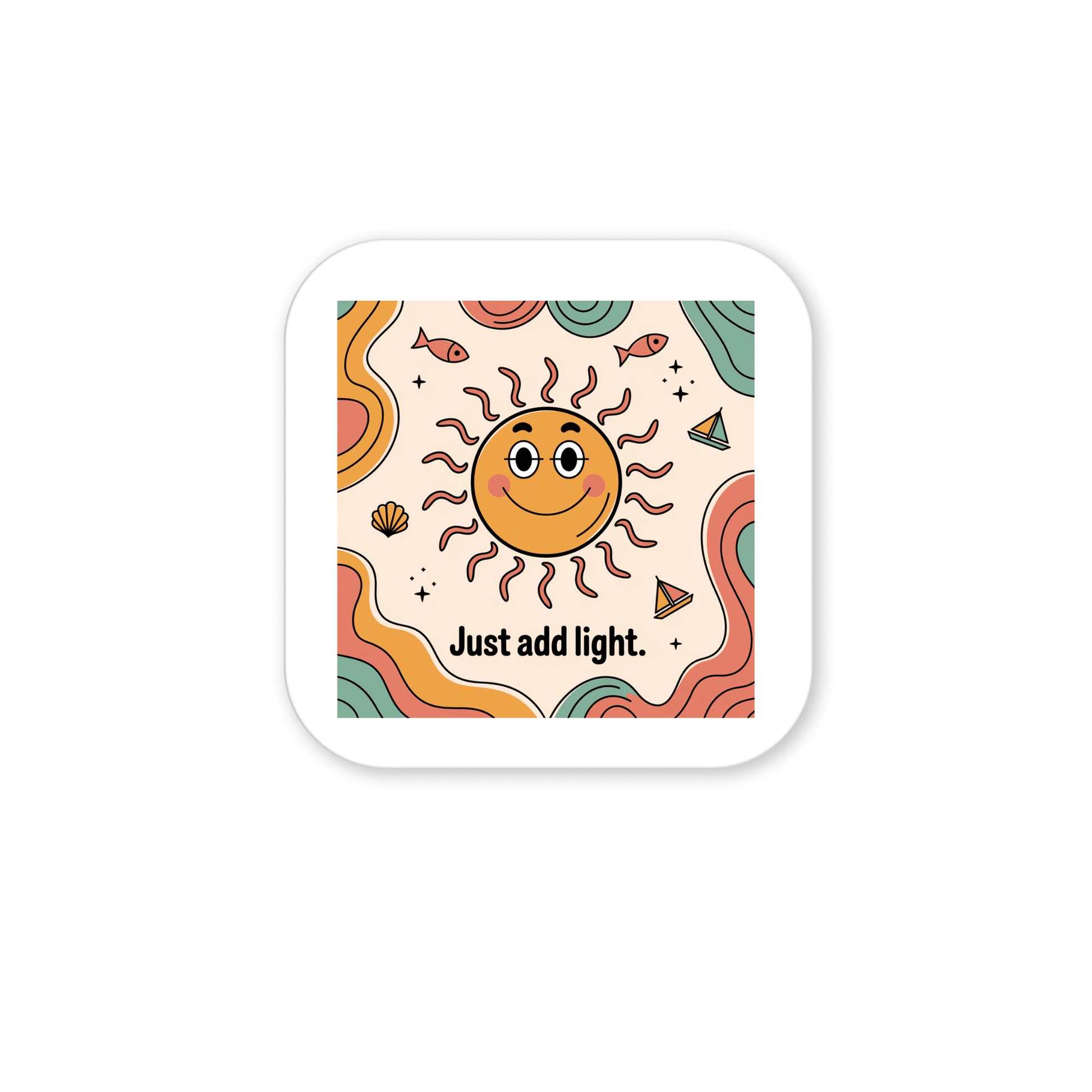 Mirabilia Boutique’s Just Add Light Magnet – Retro Sun Fridge Art features a smiling sun with wavy rays and “Just add light” text, surrounded by colorful shapes and stars—a cheerful magnet that brightens any space.