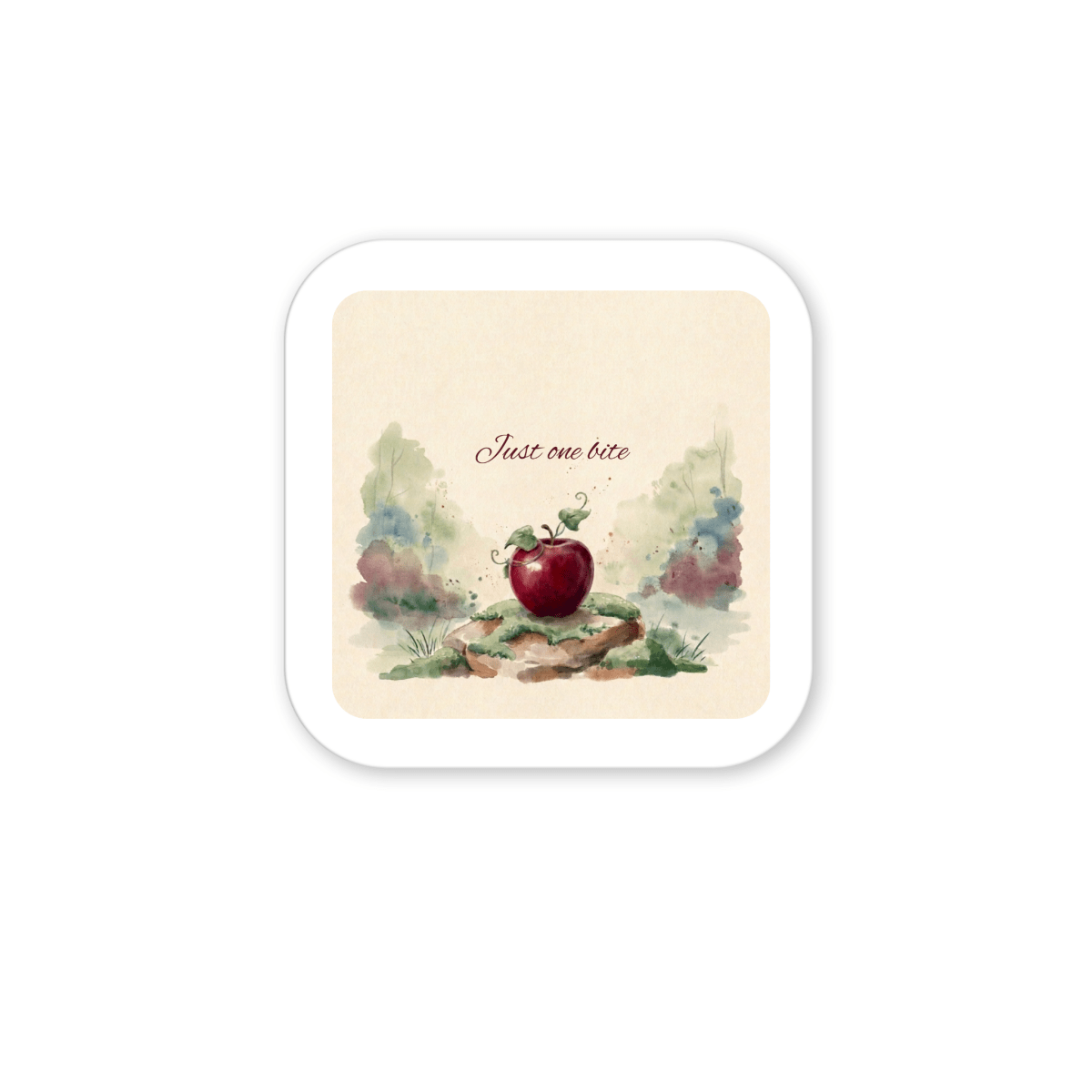 The Just One Bite Fairy Tale Apple Magnet by Mirabilia Boutique features a watercolor illustration of a red apple with a leafy stem, nestled amid lush greenery and trees. Above the apple, the phrase "Just one bite" is written in elegant script, making this handcrafted magnet a charming addition to your cottagecore décor.