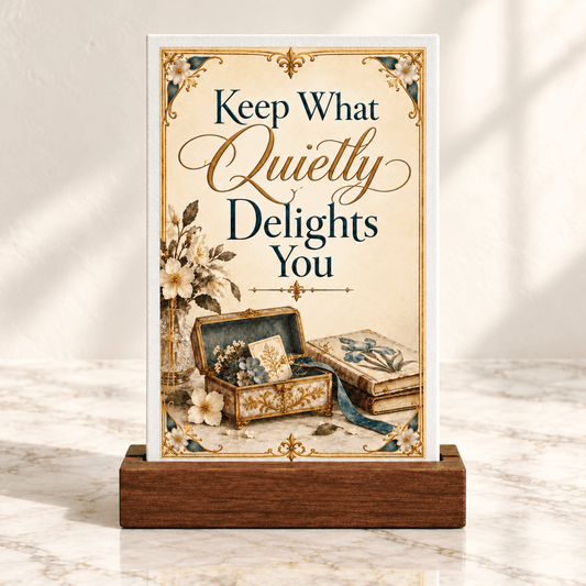 A Keep What Quietly Delights You Mini Sign in a wooden stand, featuring an illustration of an open keepsake box and antique books decorated with blue flowers.
