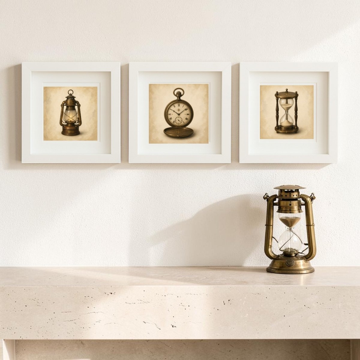 Three framed canvas artworks from Mirabilia Boutique’s “The Keeper Of Time | Mirabilia Relics” collection hang above the mantle, each depicting vintage treasures: a lantern, a pocket watch, and an hourglass. A brass lantern rests on the neutral beige mantle below, perfectly complementing The Keeper Of Time display.