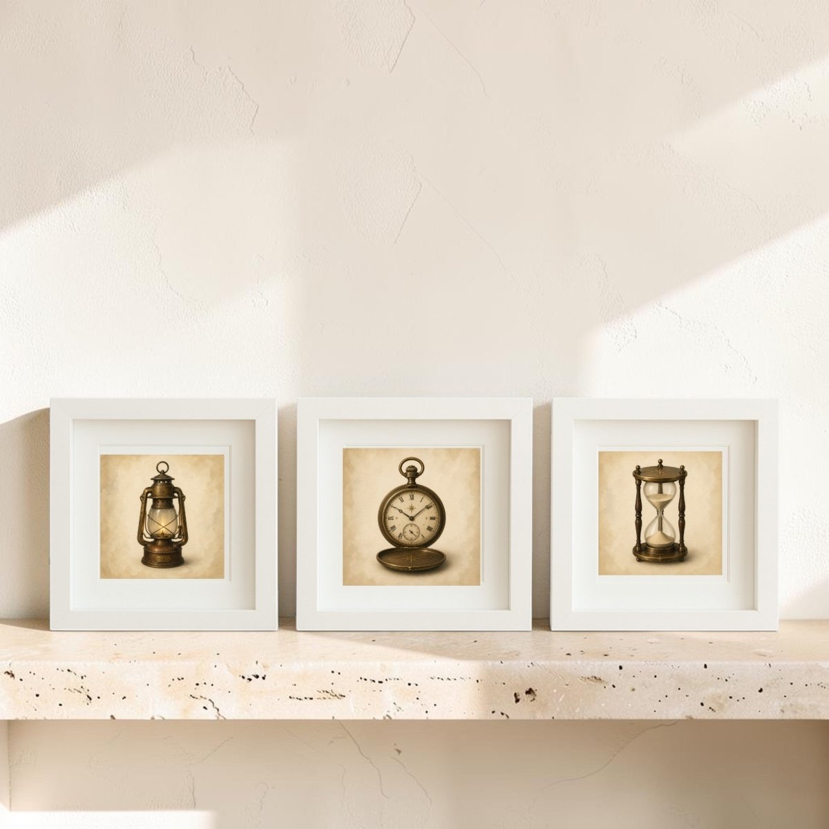 Three framed canvas prints rest on a light-colored shelf. On the left, a lantern is featured; the center showcases “The Keeper Of Time | Mirabilia Relics” by Mirabilia Boutique, depicting the Keeper of Time with a pocket watch; and on the right, an hourglass stands out—each piece drawing inspiration from Mirabilia Relics. All prints have beige backgrounds and are set in white frames. Sunlight falls softly, casting gentle shadows on the wall behind them.