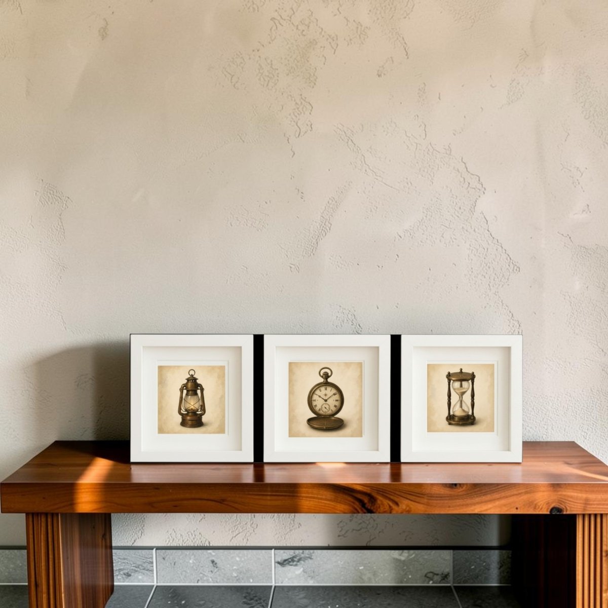 Three framed vintage illustrations from Mirabilia Boutique’s “The Keeper Of Time | Mirabilia Relics” collection—a lantern, a pocket watch, and an hourglass—are displayed on a wooden bench against a textured beige wall.