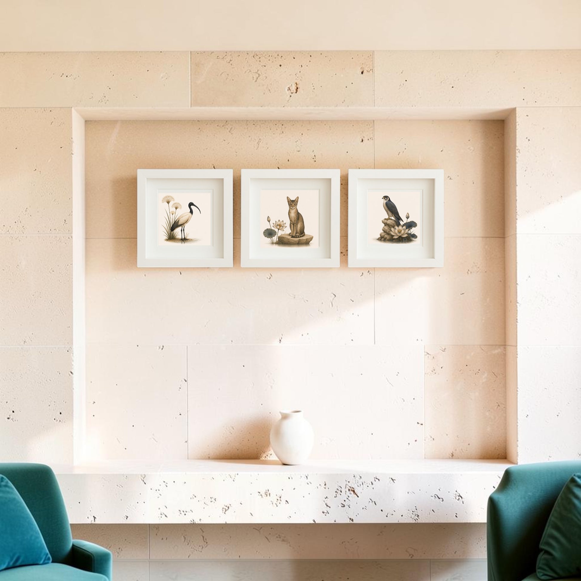 Three framed canvas prints from the Keepers of the Nile | Mirabilia Relics collection by Mirabilia Boutique—a bird, a cat, and a crow—hang on a beige stone wall above a mantel with a white vase. These soft-toned artworks pair beautifully with the setting, while teal armchairs are partially visible in the foreground.