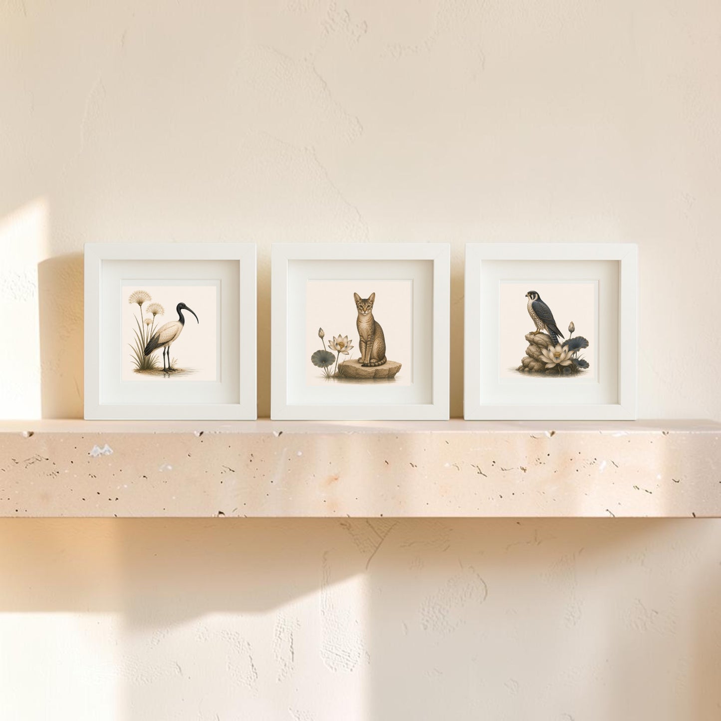 Three framed canvas artworks—a crane, a cat, and a penguin—are displayed side by side on a beige stone shelf against a light-colored wall bathed in soft natural light. Part of the “Keepers of the Nile” collection from Mirabilia Boutique, these pieces subtly draw on Nile wildlife art for inspiration.