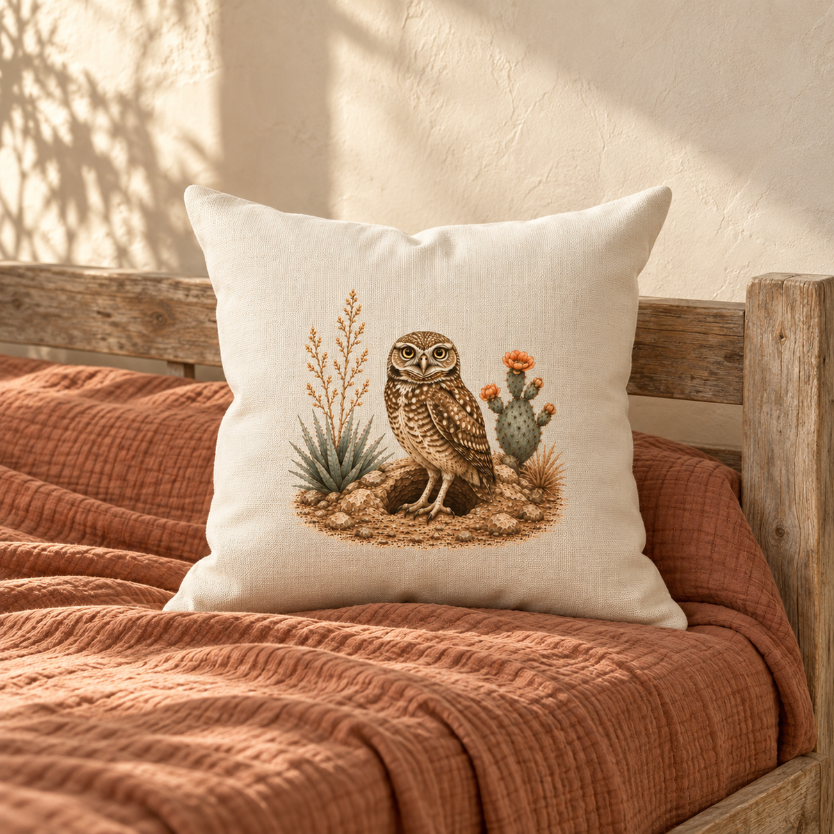 The Keeping Watch Owl Throw Pillow | Sage & Stone by Mirabilia Boutique sits on a rustic bench with a rust blanket, bathed in sunlight and soft desert-inspired shadows.