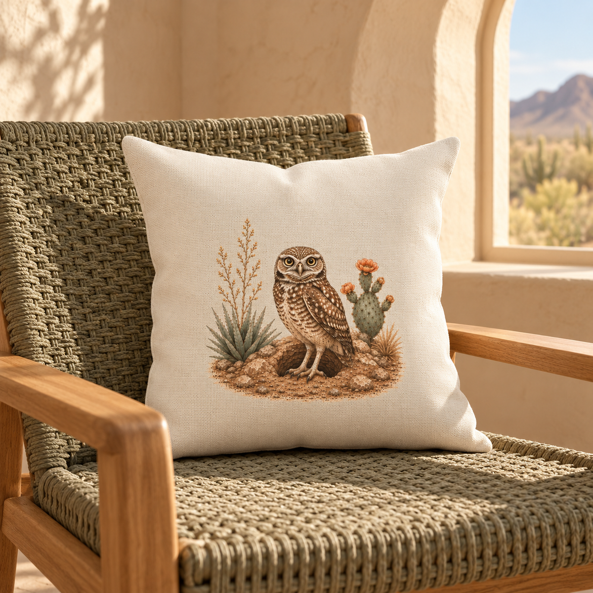 A woven chair holds the Keeping Watch Owl Throw Pillow | Sage & Stone by Mirabilia Boutique, featuring an embroidered owl and desert plants, in a sunlit room with an arched window overlooking the desert.