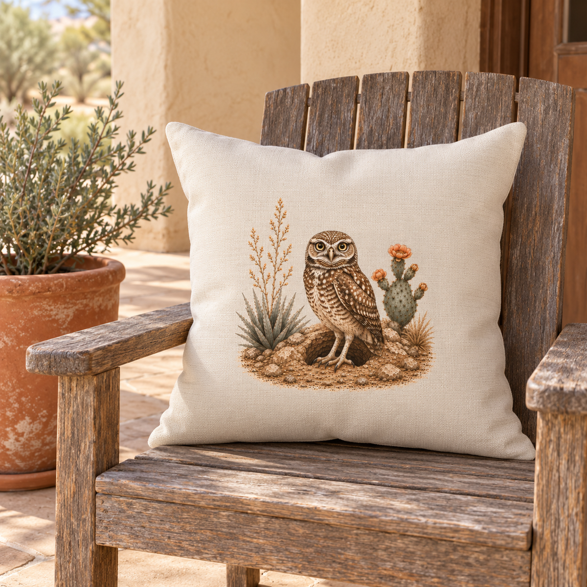 The Keeping Watch Owl Throw Pillow | Sage & Stone by Mirabilia Boutique sits on a wooden chair outside, featuring an embroidered owl and desert plants, next to a potted plant on a sunny patio.