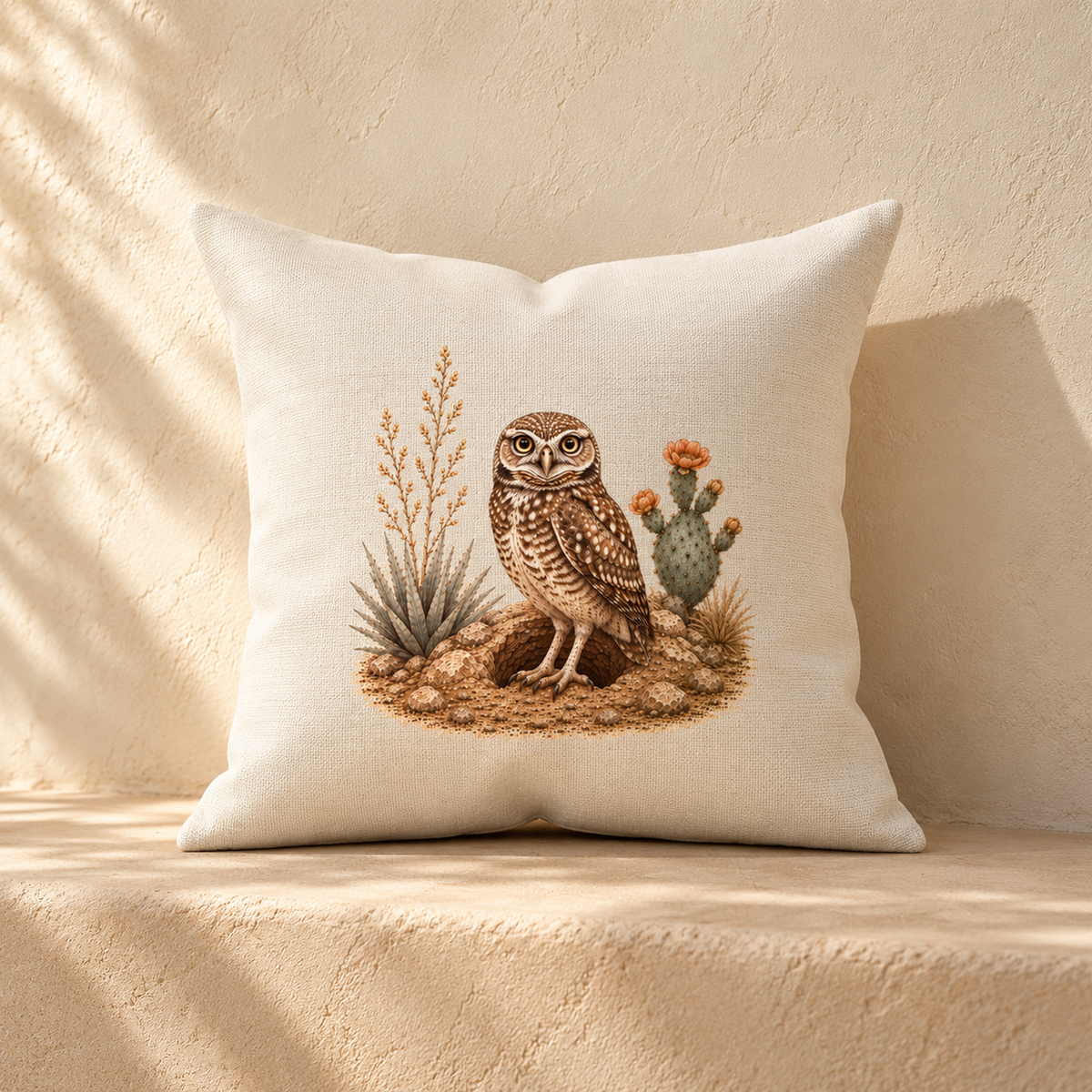 The Keeping Watch Owl Throw Pillow | Sage & Stone by Mirabilia Boutique features an embroidered owl on a rock among cacti, set against a textured beige background.