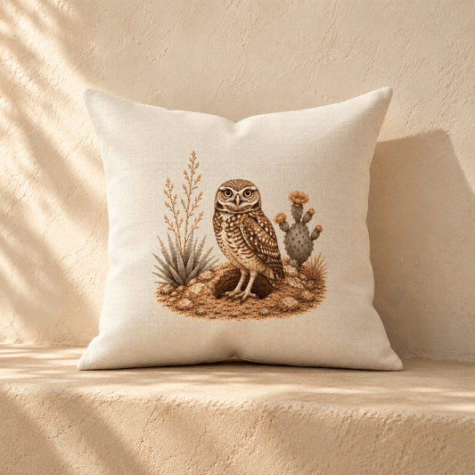The Keeping Watch Owl Throw Pillow | Sage & Stone by Mirabilia Boutique features an embroidered owl on a rock among cacti, set against a textured beige background.