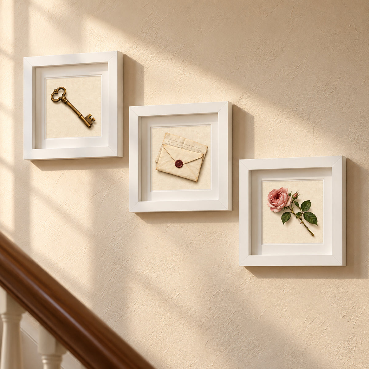 The Things We Keep | Mirabilia Relics displayed in three square shadowbox frames on a wall, each containing a vintage key, a sealed envelope, and a single pink rose.