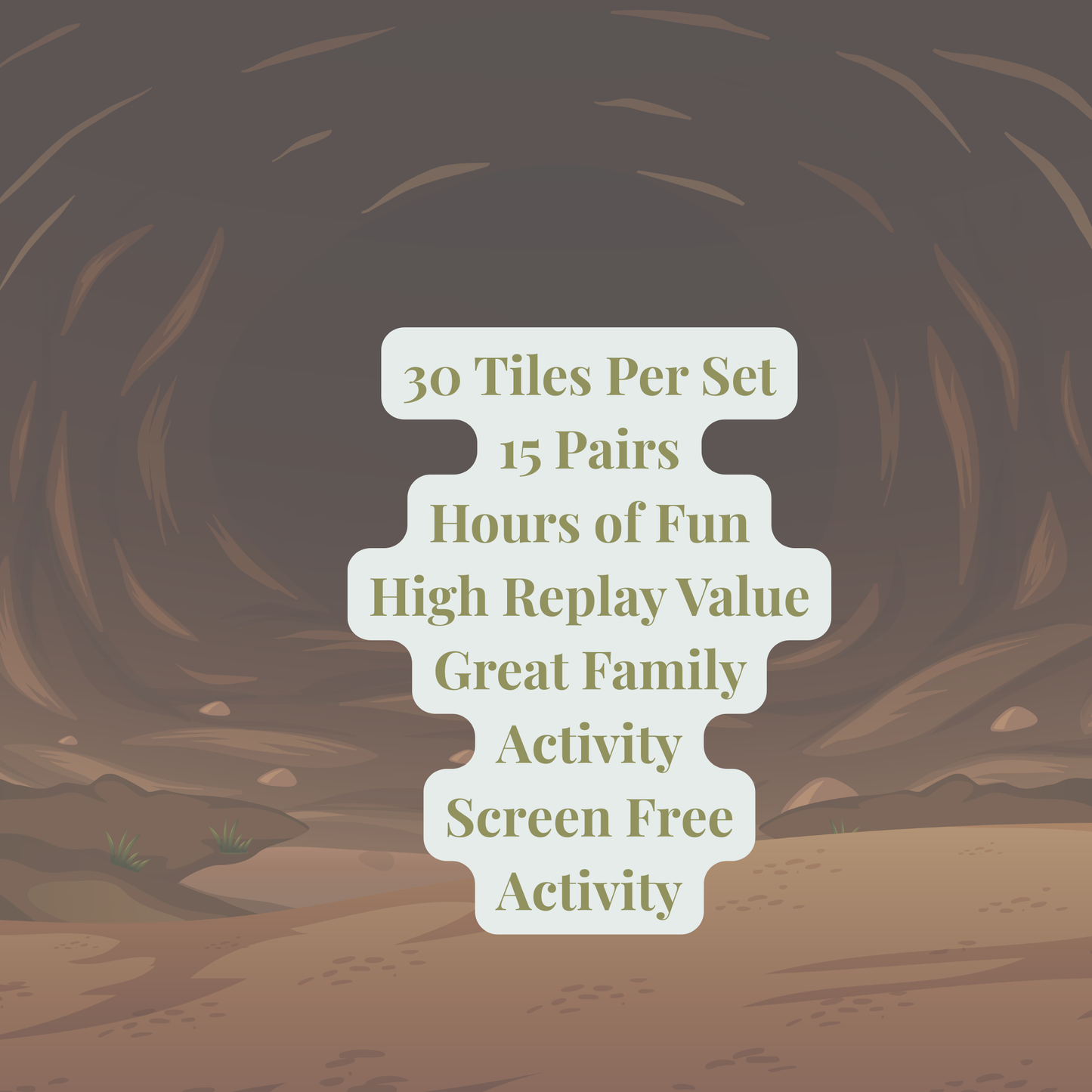 On a sandy, cave-like background, text reads: “30 Tiles Per Set, 15 Pairs, Hours of Fun, High Replay Value. Dinosaur Match Game | Kids Memory Game by Mirabilia Boutique—perfect for family time and screen-free learning!”.