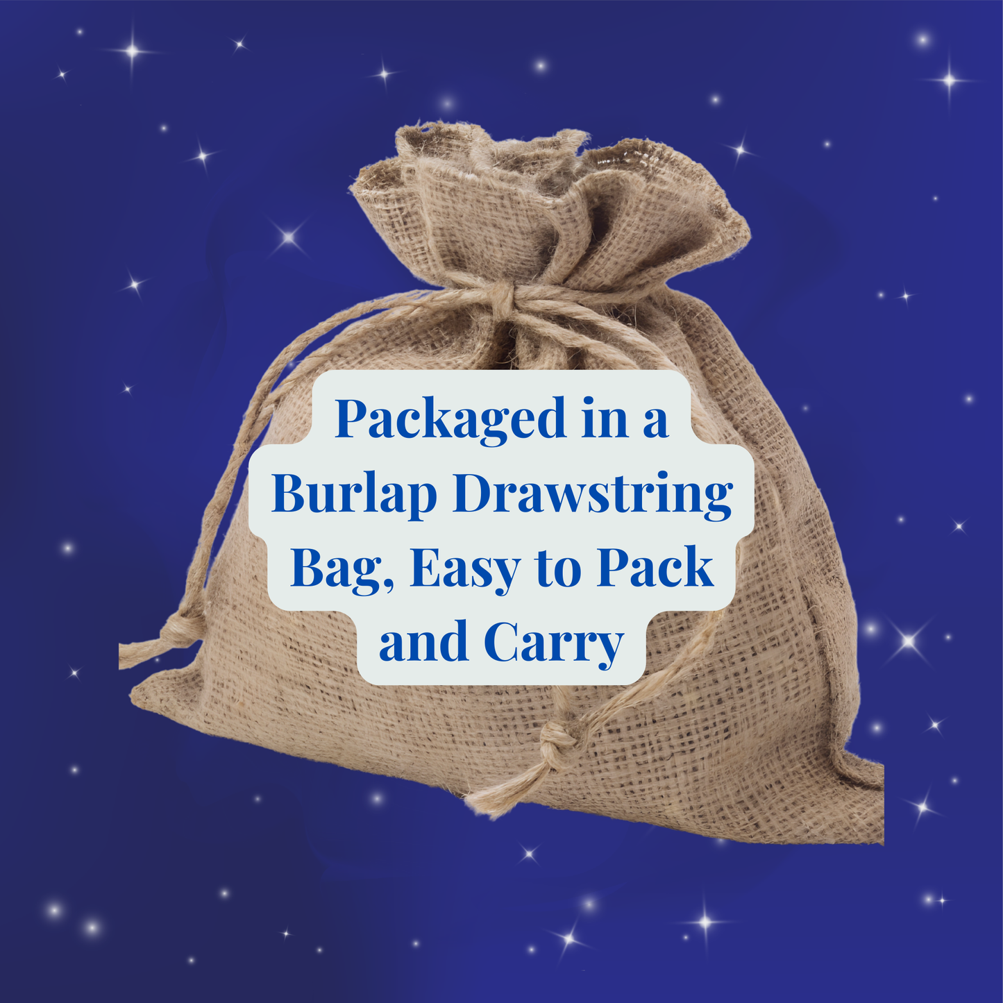 The Space Match Game | Kids Memory Game by Mirabilia Boutique is shown in a burlap drawstring bag against a blue starry background—ideal for storing, packing, and carrying your 15 matching pairs.