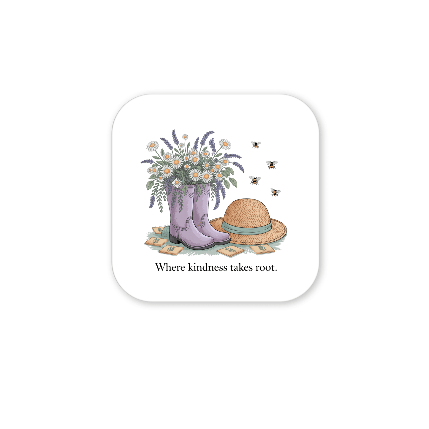 The Kindness Garden Magnet – Floral Boots & Bees Quote by Mirabilia Boutique features purple rain boots with flowers, a straw hat, seed packets, bees, and the phrase “Where kindness takes root.” A charming gift for any nature lover.