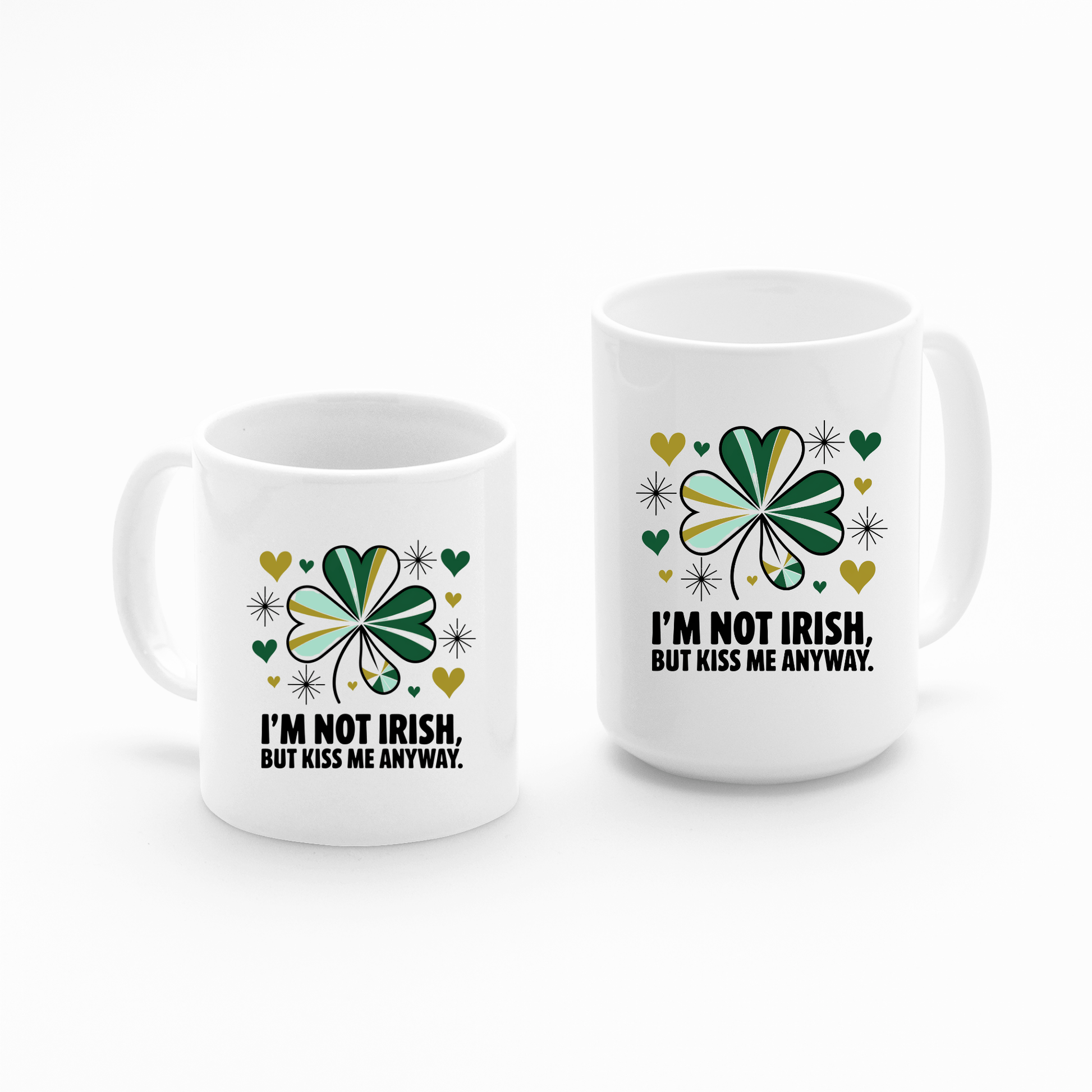 Celebrate luck and love with the “Kiss Me Anyway Mug – St. Patrick’s Day Charm” set by Mirabilia Boutique—two white shamrock mugs with heart accents, large and small, both featuring “I’M NOT IRISH, BUT KISS ME ANYWAY.”.