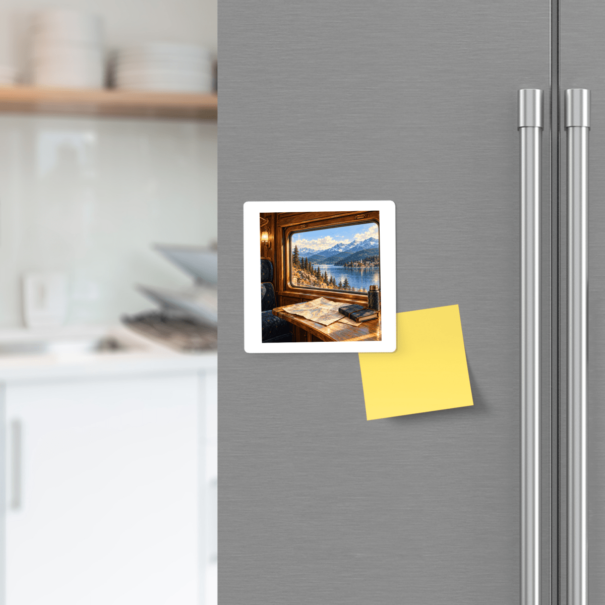A square Window Seat Northbound Magnet featuring a train window view of a mountain lake, displayed on a stainless steel refrigerator next to a blank yellow sticky note.