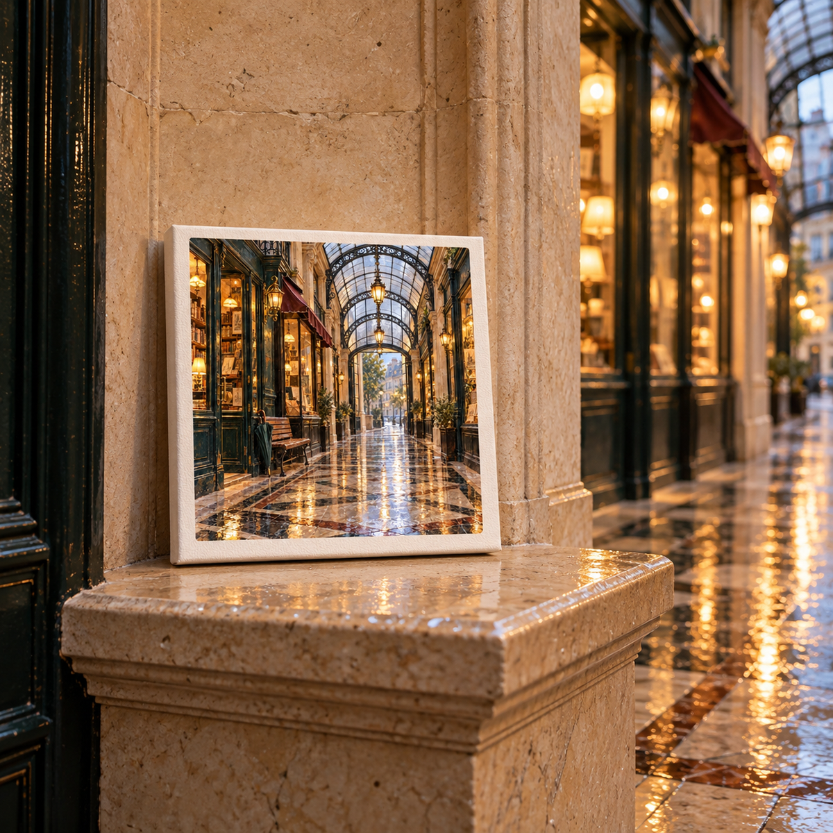A Passage in the Rain Canvas | Paris Toujours gallery-wrapped print of a rainy, lantern-lit Parisian shopping arcade, leaning against a matching stone pillar in the actual architectural setting.