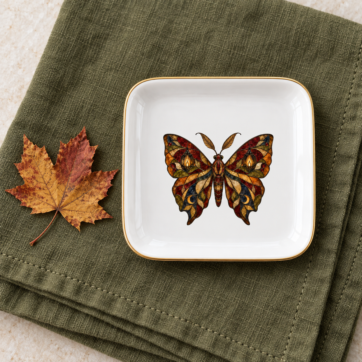 The Lantern Moth Ceramic Jewelry Tray by Mirabilia Boutique is a small white dish with a gold rim and butterfly design, shown on a green linen napkin beside a dried maple leaf.