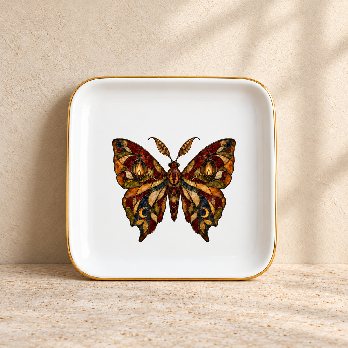 The Lantern Moth Ceramic Jewelry Tray by Mirabilia Boutique is a square porcelain tray with gold trim and a butterfly motif in earthy tones, displayed on a textured stone surface with soft shadows behind it.