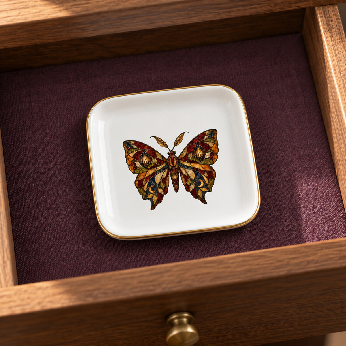 The Lantern Moth Ceramic Jewelry Tray by Mirabilia Boutique, a small square stained-glass ceramic piece with a butterfly motif, rests on a purple cloth inside a wooden drawer.