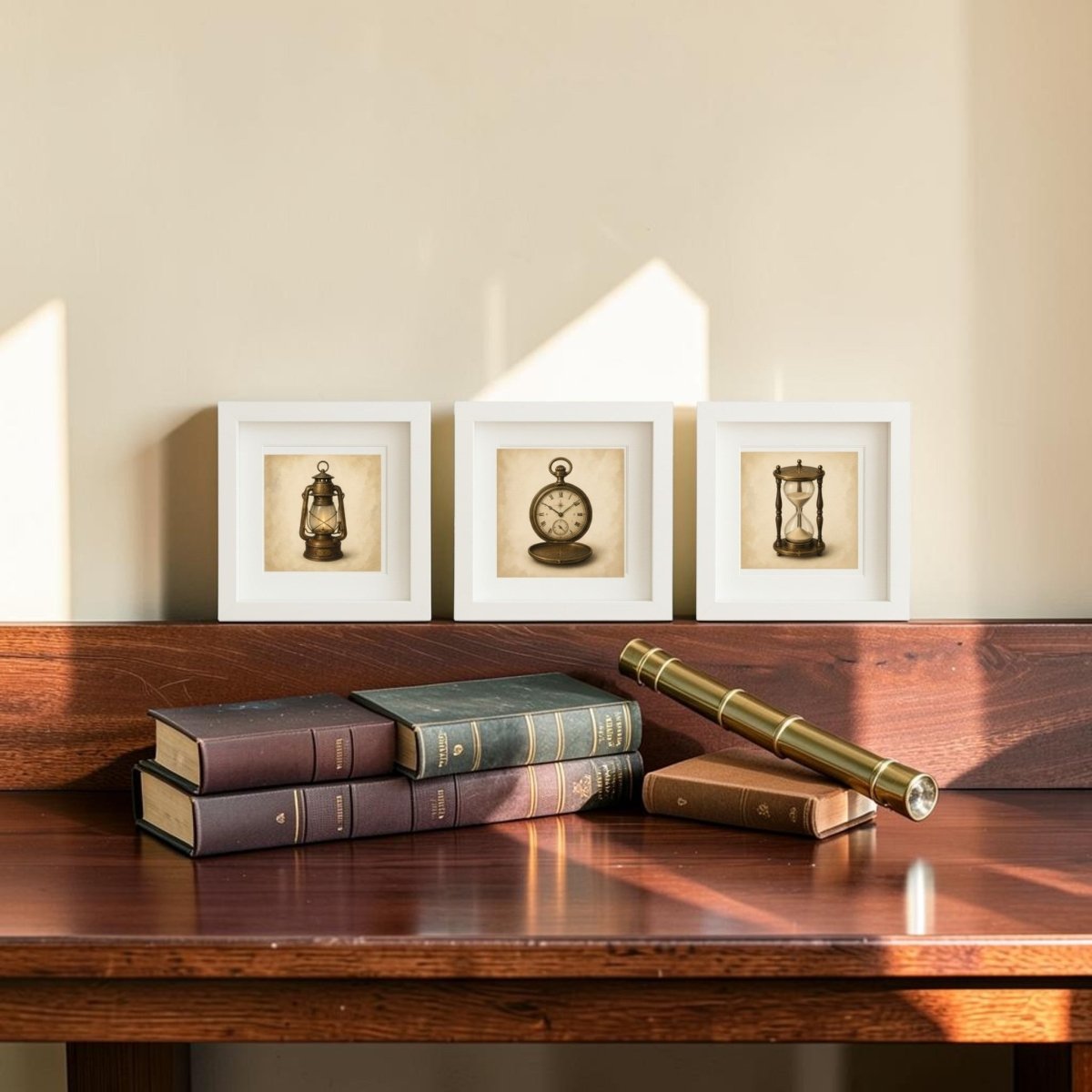 A wooden desk adorned with stacked vintage books and a brass telescope sits beneath three framed canvas artworks from Mirabilia Boutique—The Keeper Of Time | Mirabilia Relics—featuring beautifully rendered antique treasures: a lantern, a pocket watch (the true Keeper of Time), and an hourglass. Sunlight filters in, casting gentle shadows that enhance the evocative, antiquarian atmosphere of this Mirabilia Relics-inspired scene.