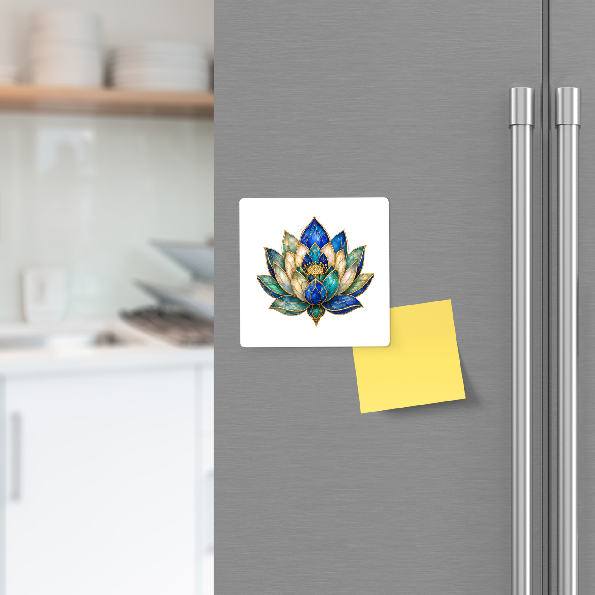 A refrigerator door decorated with the Lapis Bloom Magnet | Egyptian Lotus Art by Mirabilia Boutique and a blank yellow sticky note. Kitchen shelves and cookware appear softly blurred in the background, enhancing the botanical decor of the space.
