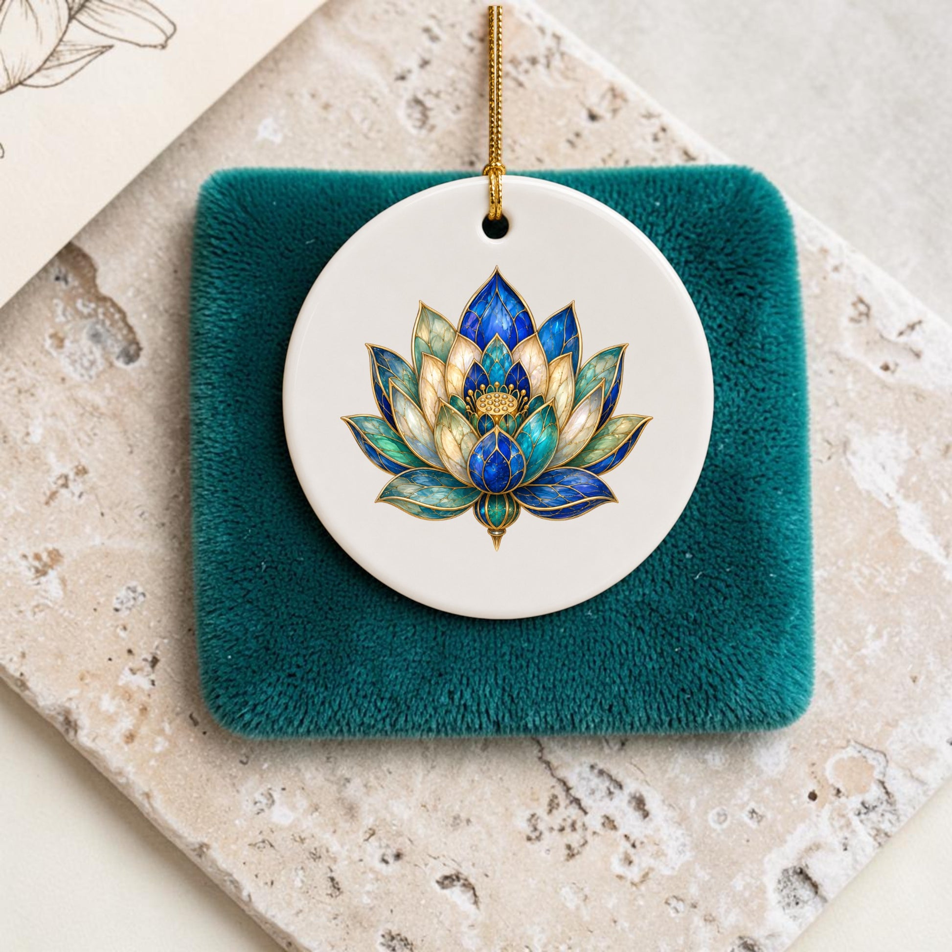 The Lapis Bloom Ornament | Egyptian Lotus Art from Mirabilia Boutique features a round ceramic form adorned with an intricate blue and gold lotus design. Hanging from a gold string, the ornament is elegantly displayed on a teal velvet square atop a subtly textured surface, capturing the enduring allure of ancient aesthetics.