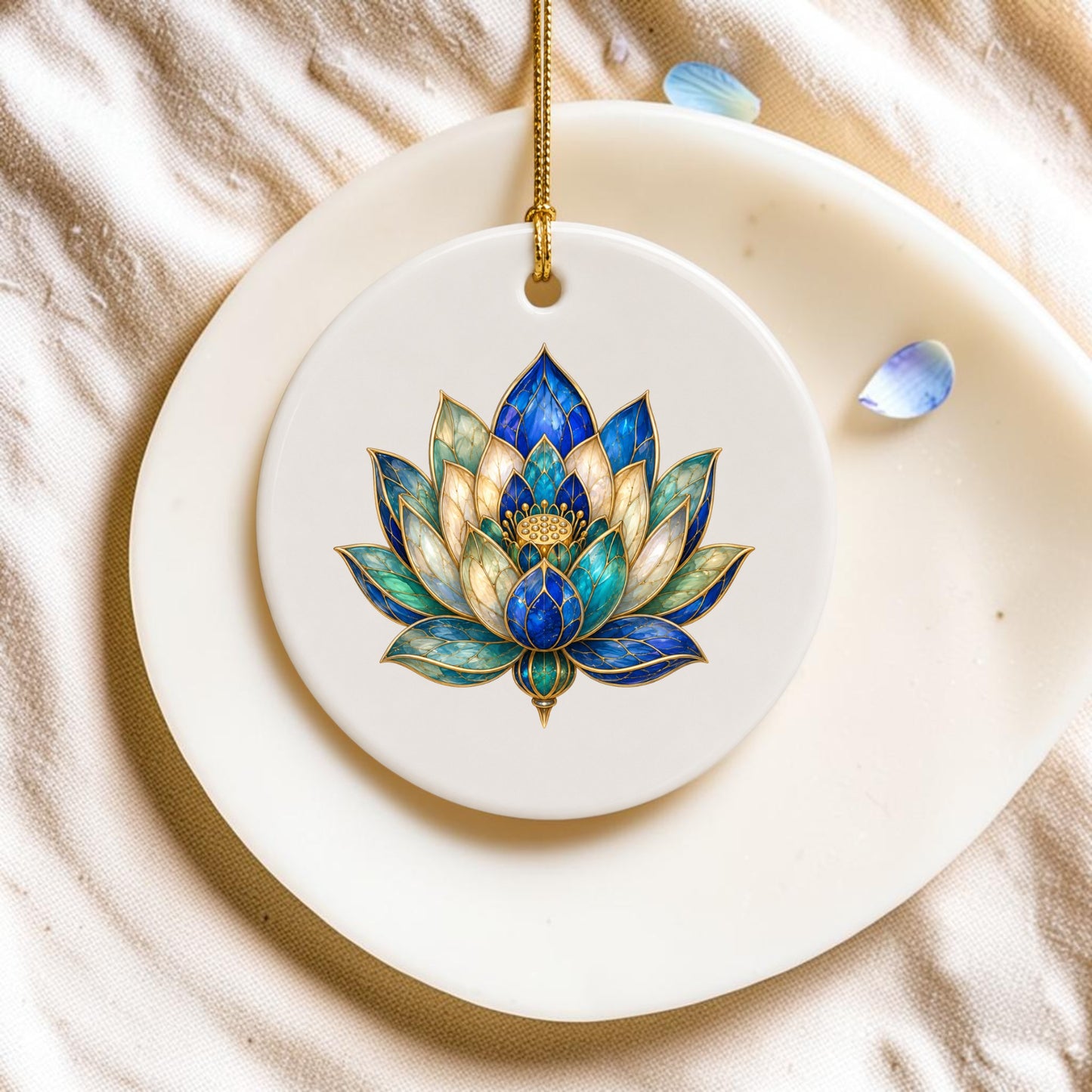 The Lapis Bloom Ornament | Egyptian Lotus Art by Mirabilia Boutique is a round ceramic keepsake featuring a striking blue and gold lotus flower motif, inspired by the lapis bloom of an Egyptian lotus ornament. Hanging from a gold string, this exquisite piece is displayed on a white plate against a textured beige backdrop with nearby blue flower petals—making it a refined decorative accent for any space.