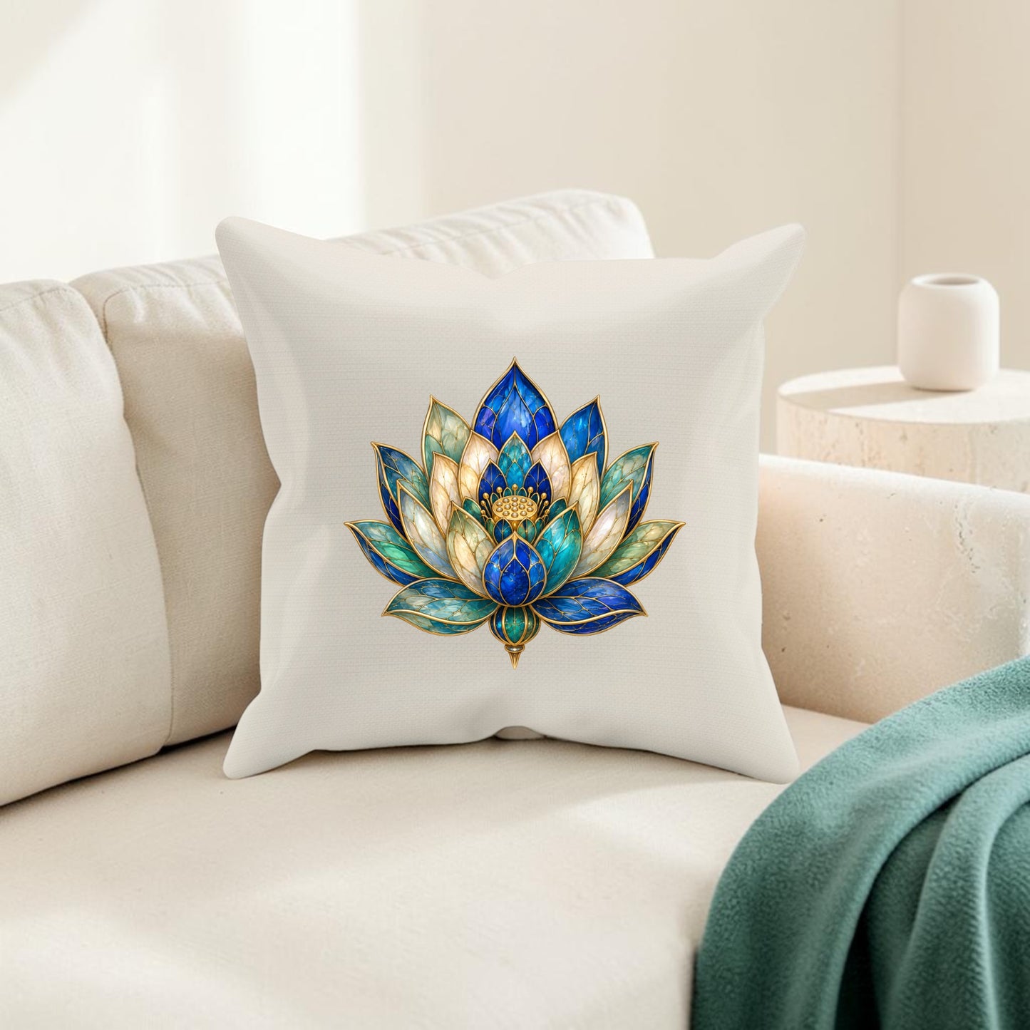 The Lapis Bloom Pillow by Mirabilia Boutique, featuring a blue, teal, and gold Egyptian lotus flower motif on a white background, rests on a light-colored sofa beside a textured side table and a green blanket, bringing an elegant touch of Egyptian-inspired decor to the space.
