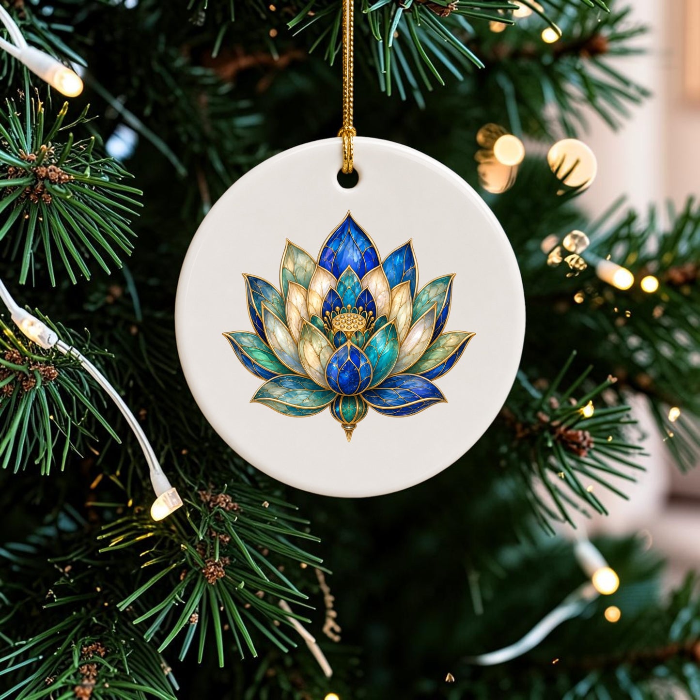 The Lapis Bloom Ornament from Mirabilia Boutique, featuring a blue and gold Egyptian lotus flower design on a round white base, hangs among green needles and white string lights on a Christmas tree.