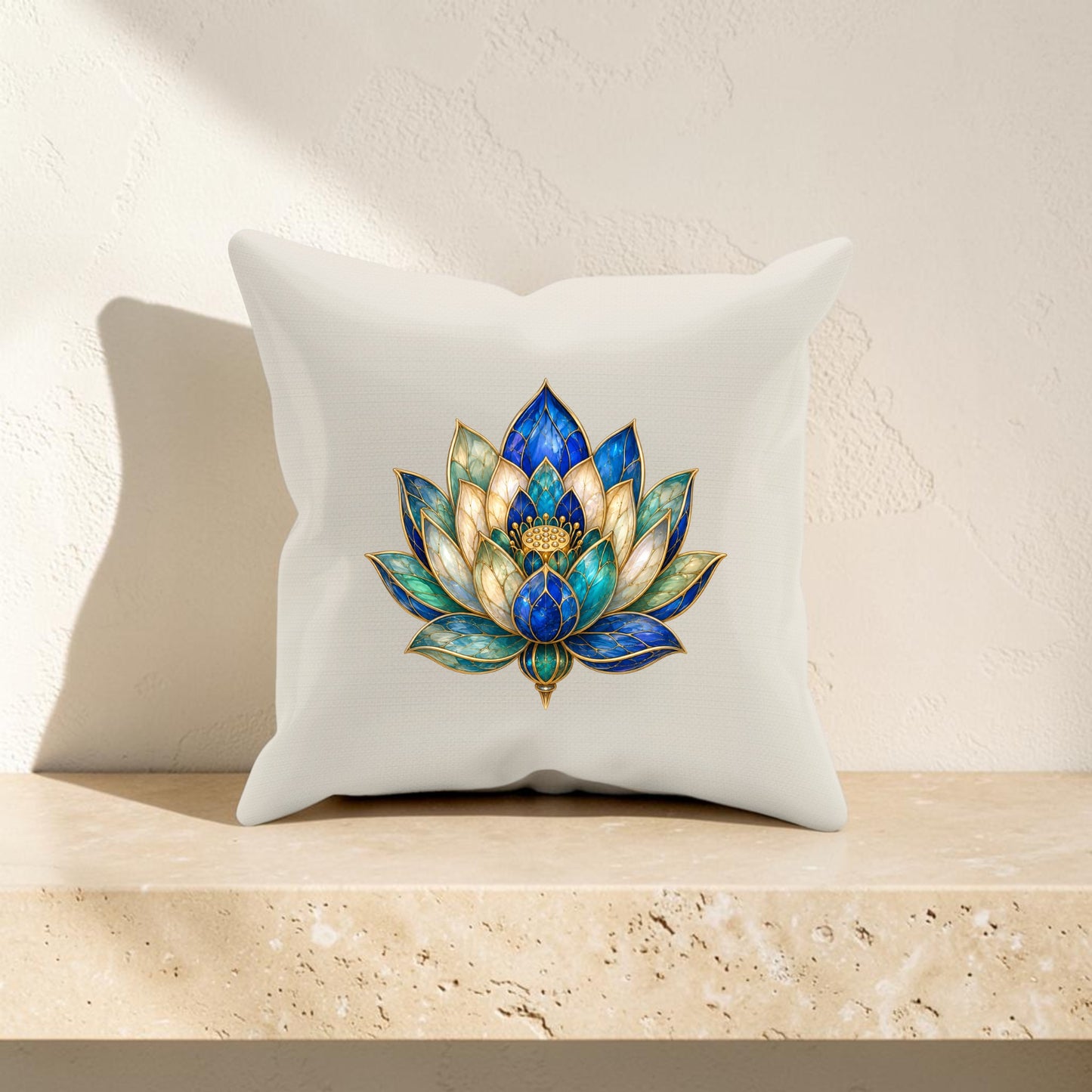 Introducing the Lapis Bloom Pillow by Mirabilia Boutique—a white pillow adorned with an intricate blue, teal, and gold Egyptian lotus flower design. Placed on a light stone surface beneath soft natural light and set against a textured off-white wall, this elegant home decor piece brings timeless beauty and tranquility to any space.