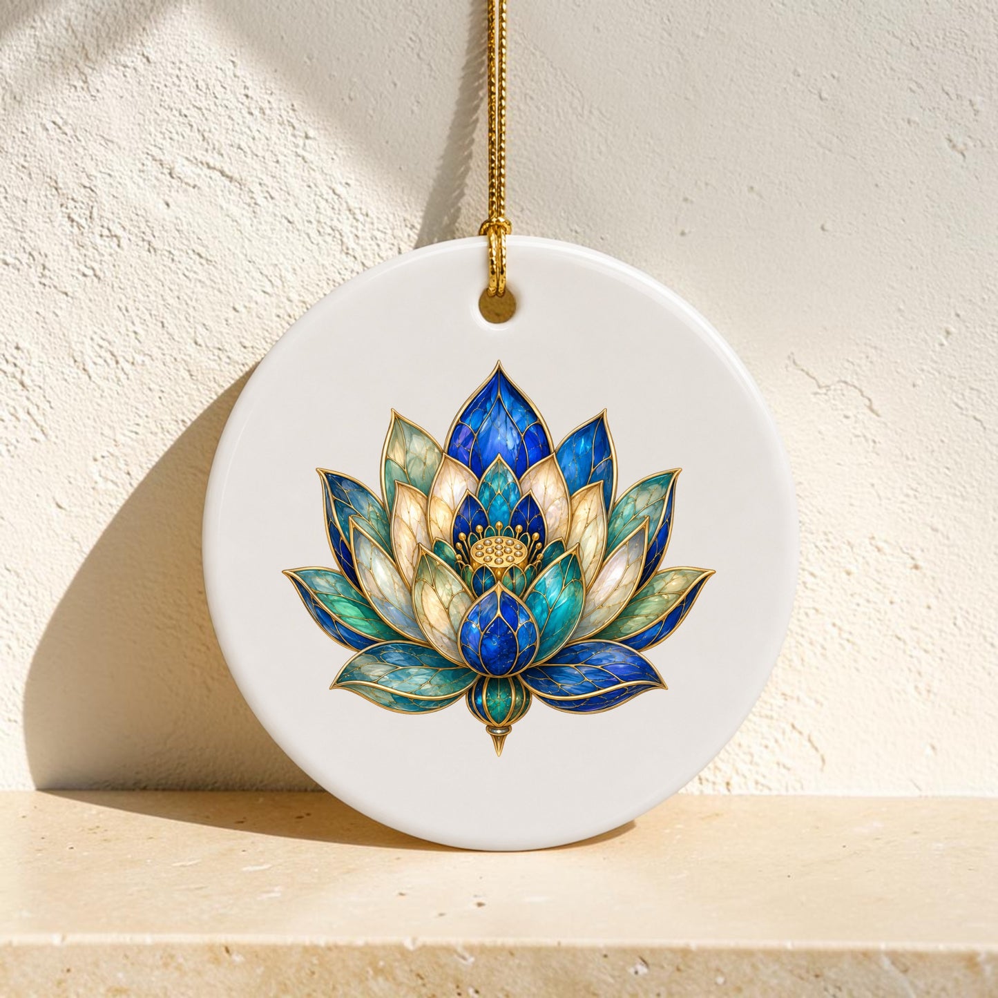 The “Lapis Bloom Ornament | Egyptian Lotus Art” by Mirabilia Boutique—a round white ornament featuring an intricate blue and gold lotus flower design inspired by the classic Egyptian lotus—hangs from a gold cord against a light textured wall.