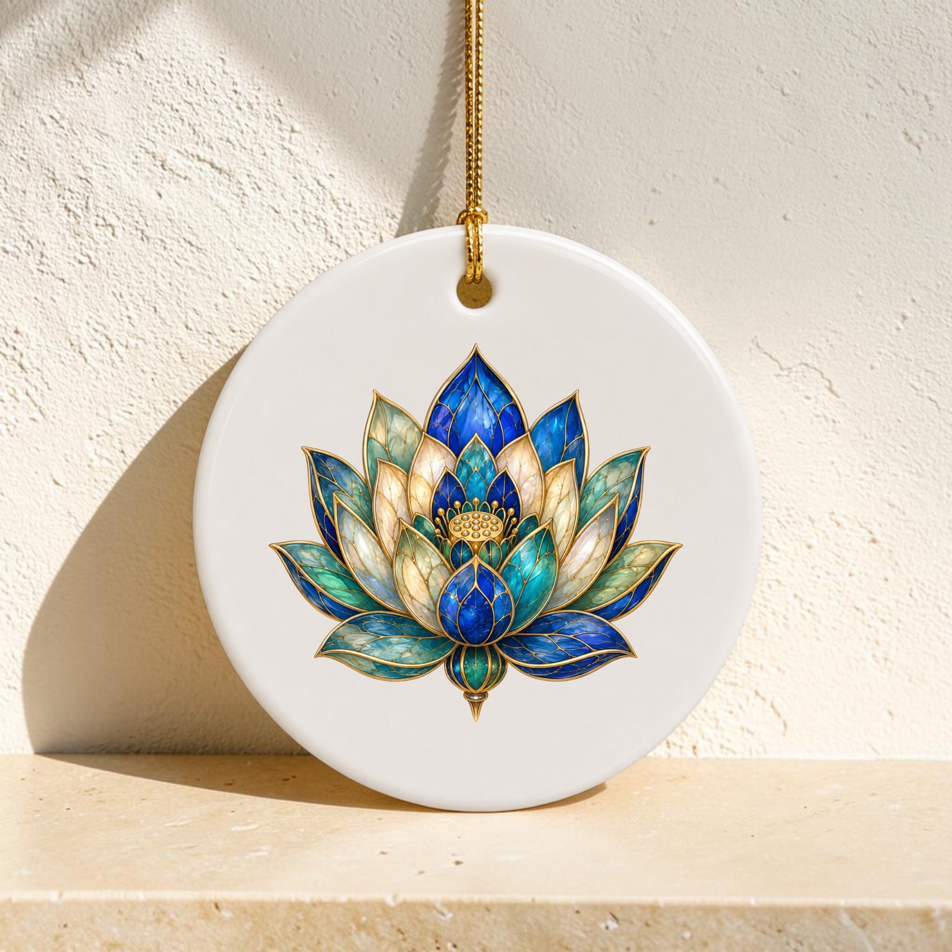 The “Lapis Bloom Ornament | Egyptian Lotus Art” by Mirabilia Boutique—a round white ornament featuring an intricate blue and gold lotus flower design inspired by the classic Egyptian lotus—hangs from a gold cord against a light textured wall.