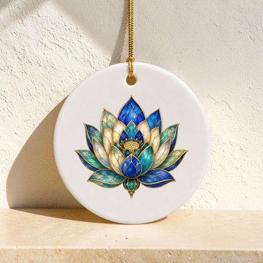 The “Lapis Bloom Ornament | Egyptian Lotus Art” by Mirabilia Boutique—a round white ornament featuring an intricate blue and gold lotus flower design inspired by the classic Egyptian lotus—hangs from a gold cord against a light textured wall.