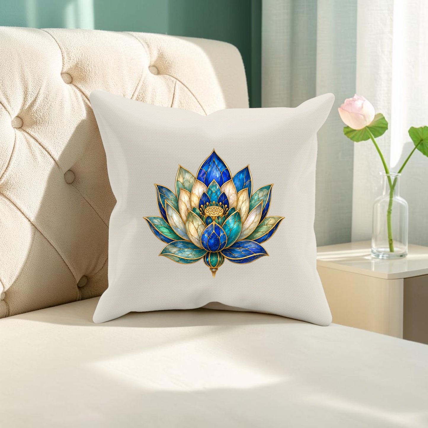 Adorning a cream tufted sofa, the Lapis Bloom Pillow from Mirabilia Boutique showcases an elegant blue, teal, and gold Egyptian lotus design; it’s styled next to a side table featuring a glass vase with a single pink flower.