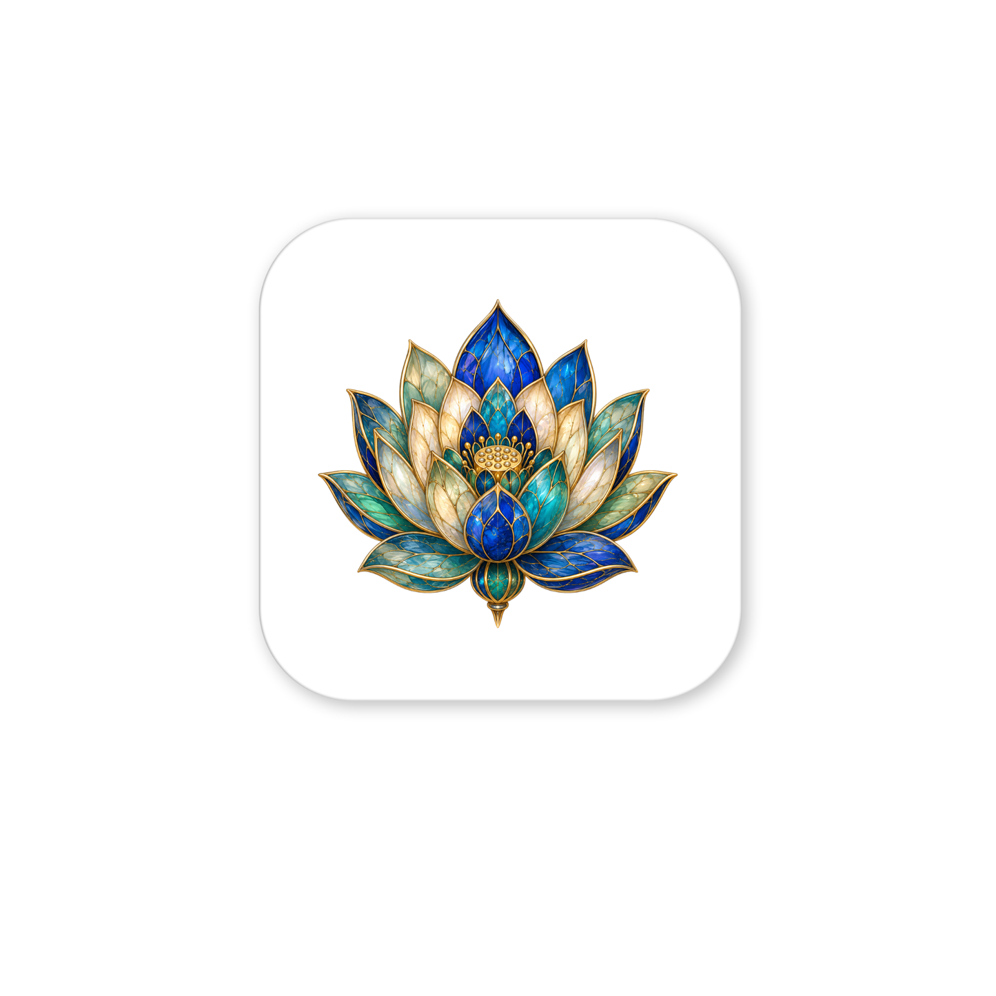 Discover the Lapis Bloom Magnet | Egyptian Lotus Art by Mirabilia Boutique—a detailed illustration featuring a blue and gold lotus flower with green accents, elegantly centered on a white background with softly rounded square edges. This magnet is perfect as botanical decor or an accent inspired by luxurious lotus lapis artistry from Egypt.