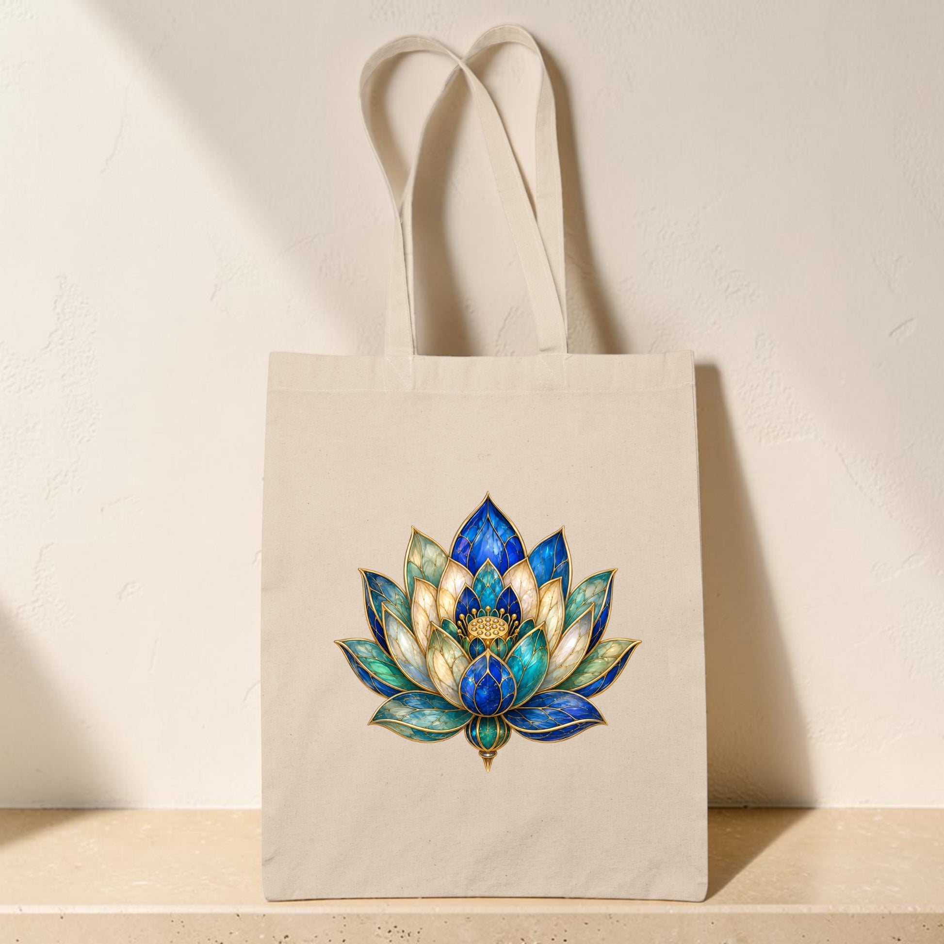 A Lapis Bloom Tote Bag | Egyptian Lotus Art by Mirabilia Boutique, featuring a colorful blue, green, and gold lotus flower design on beige fabric, rests on a light surface against an off-white textured wall.